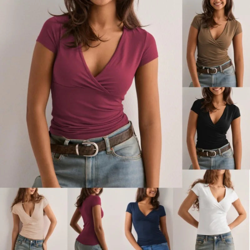 2025 Summer New Fashion Women's T-Shirt Solid-Color Slim-Fit V-Neck Short-Sleeve Top Y2k Clothing