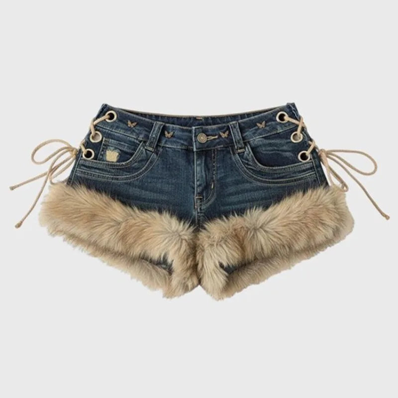 Y2k Low-rise Shorts Jeans Strap Slim Hot Pants Winter New Women's Retro Design Fluffy Splicing Jeans Shorts